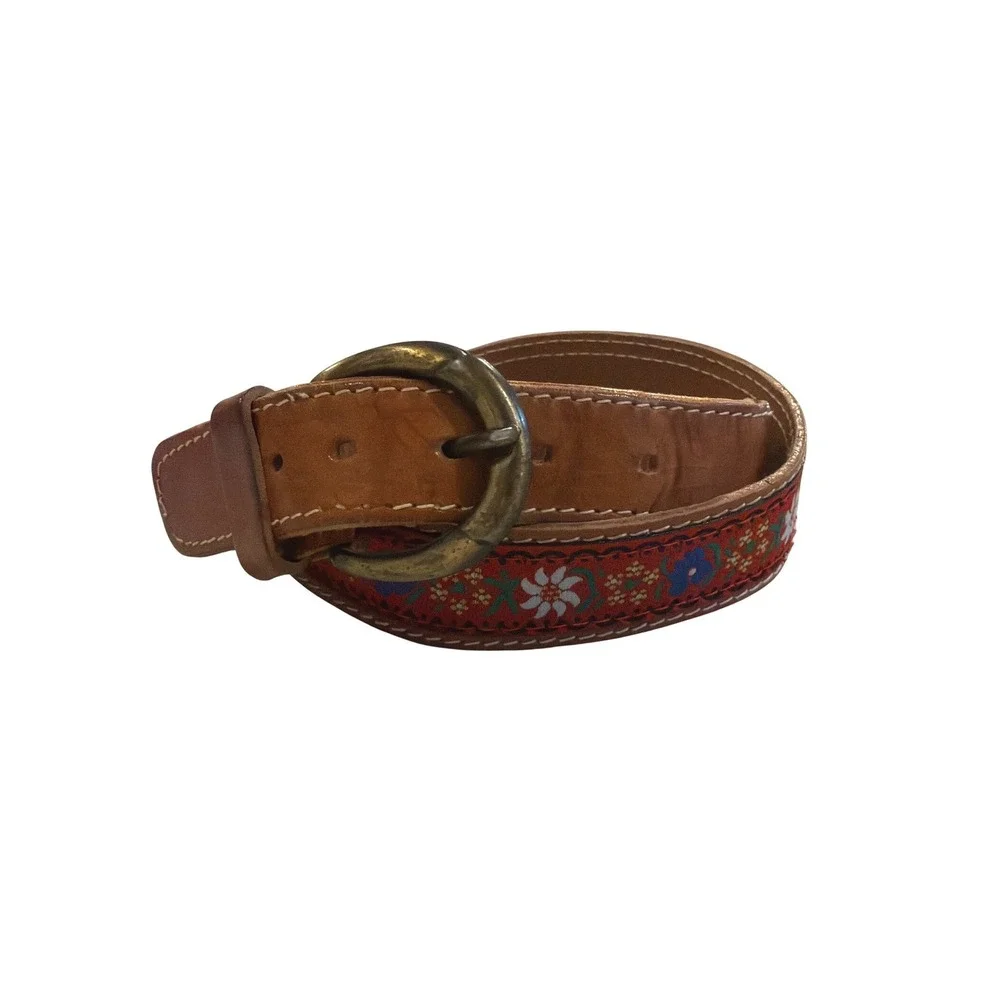 Vintage Leather Floral Embroidered Belt Tan Boho Folk Made in Greece 33in